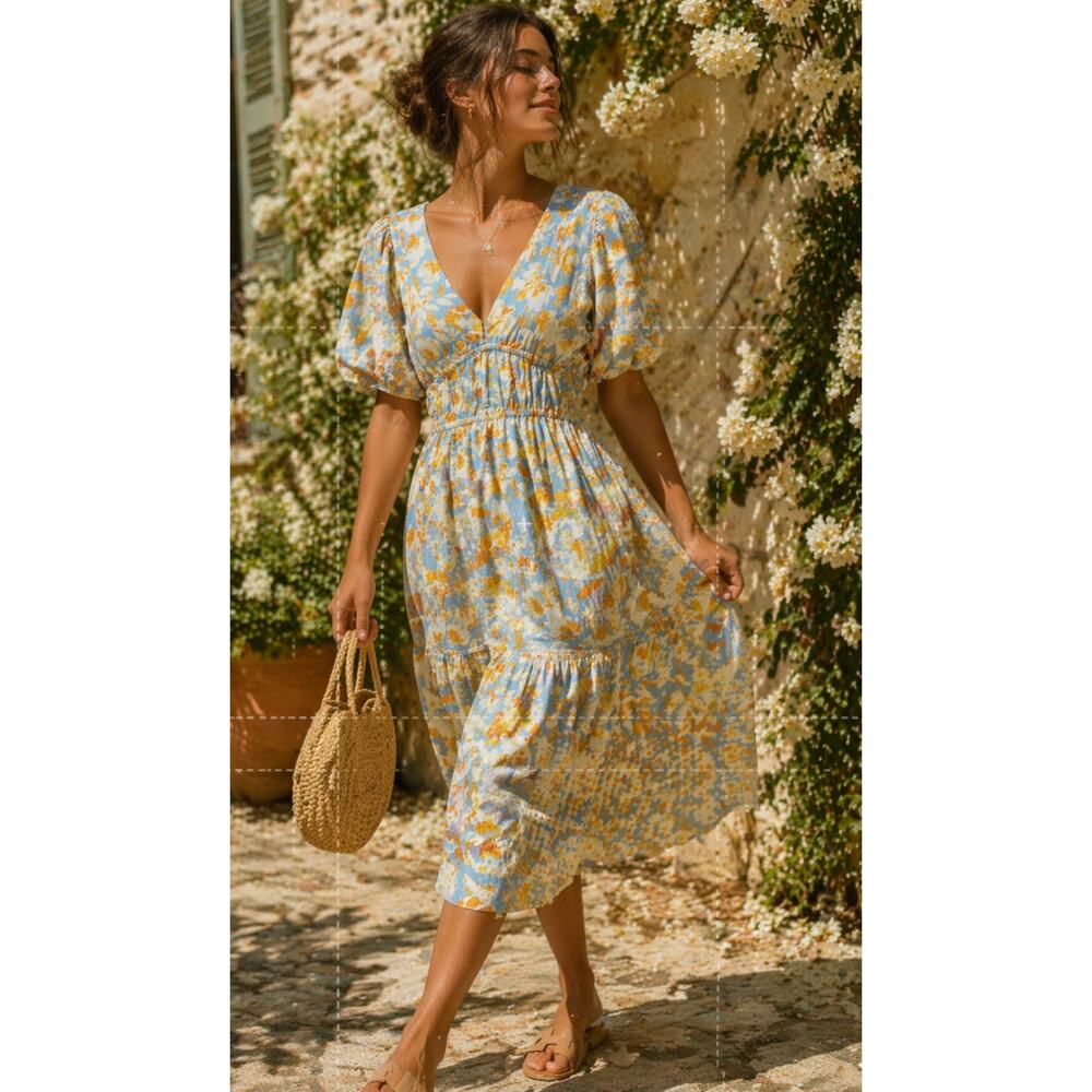 Hyacinth House Blue Floral Puff Sleeve Midi Dress XS Cottagecore